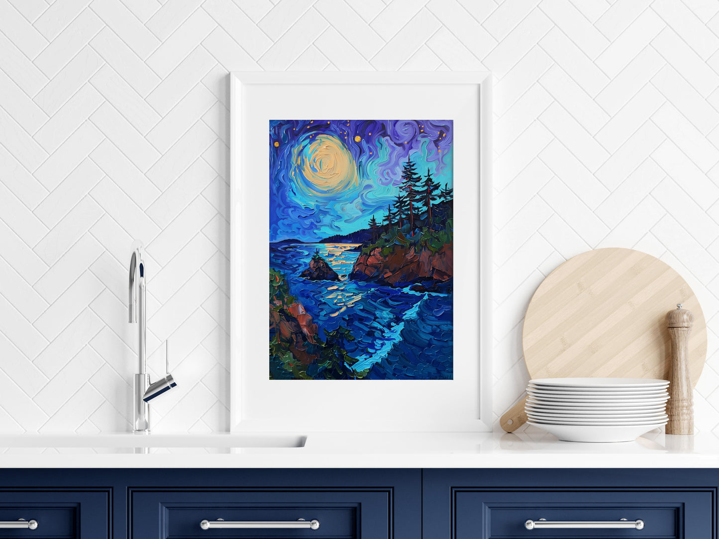 Nocturnal Symphony of the Northwest Coast- Art print, collectible paintings, night ambience, modern art, color dynamics