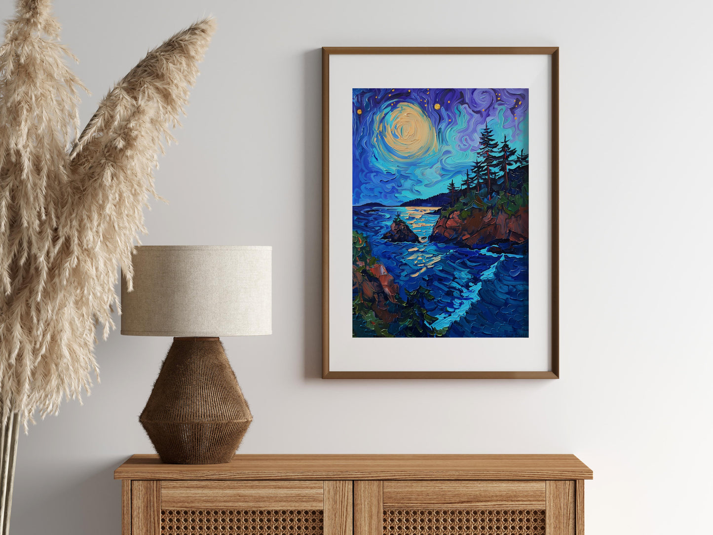 Nocturnal Symphony of the Northwest Coast- collectible paintings, Post-Impressionism, night ambience, moving sky, Emery Wharton