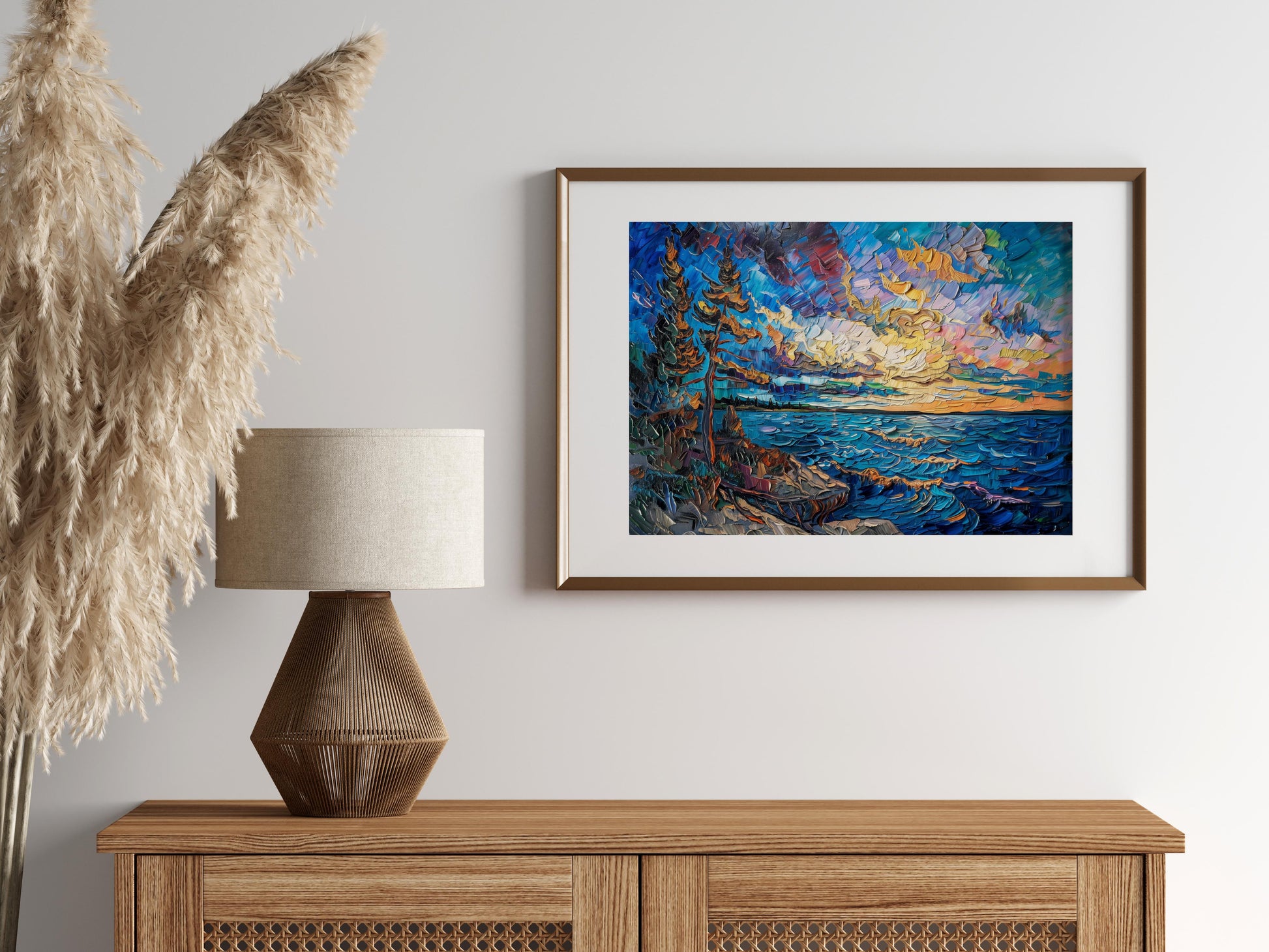 The Breath of the Great Lake- sunset, expressive brushwork, light reflection, Post-Impressionism, dynamic landscape