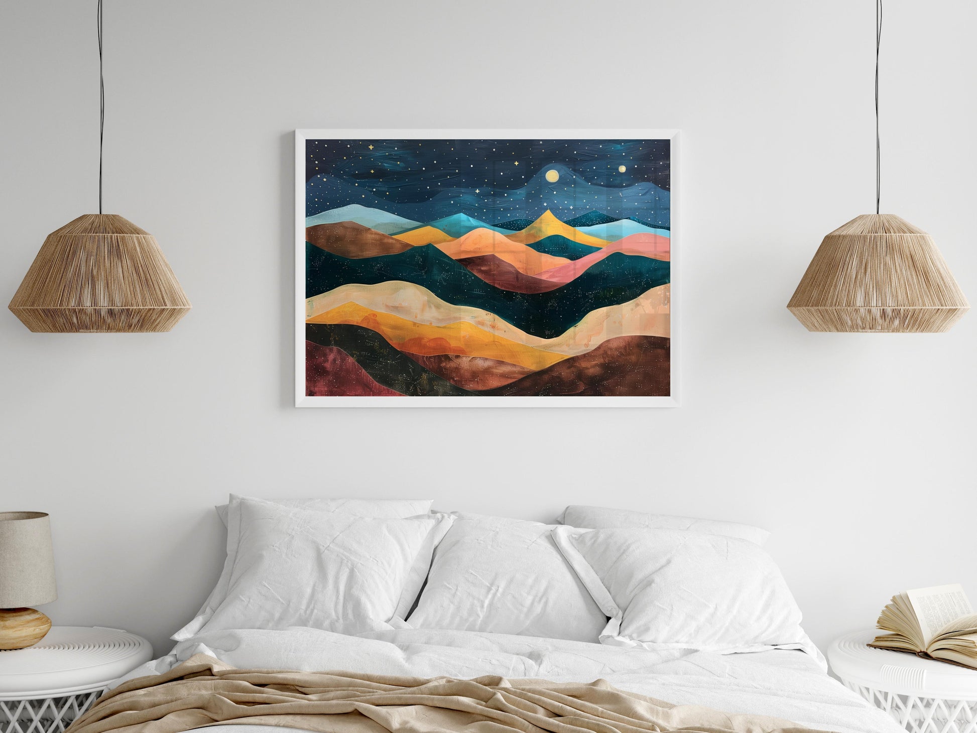 Starry Mountain Night- abstract mountain landscape, starry sky, soothing art, depiction of nature, nocturnal scenery