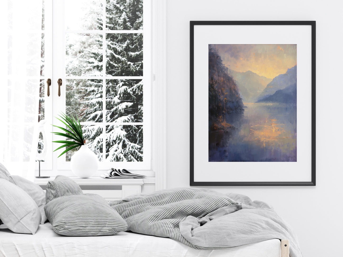 Dawn in the Misty Fjords- Contemplation, Södermanland, Landscape painting, Impressionism, Atmospheric