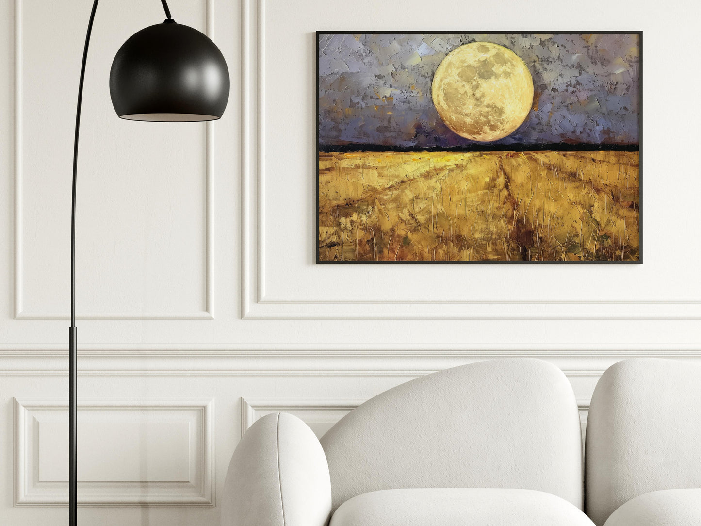 Midnight Harvest Beneath the Moon- Scandinavian Nature, Golden Field, Northern Lights, Contemplative Silence, Swedish Art