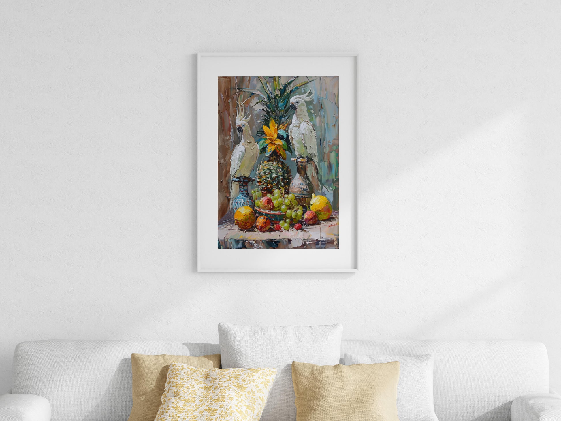 Vibrant Still Life with Tropical Birds- Fruits, Play of Light, Impressionism, Nostalgia, Amalfi Coast