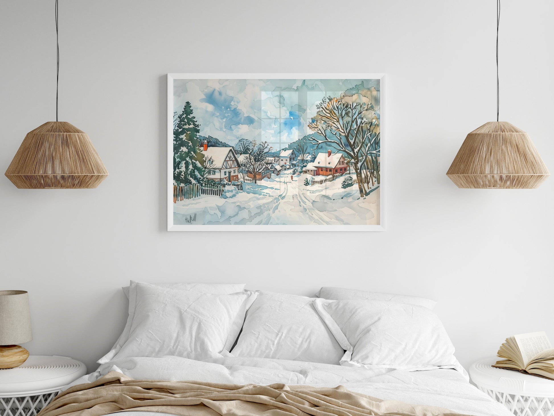 Winterliches Dorfidyll- watercolor, light, welcoming, warm, winter