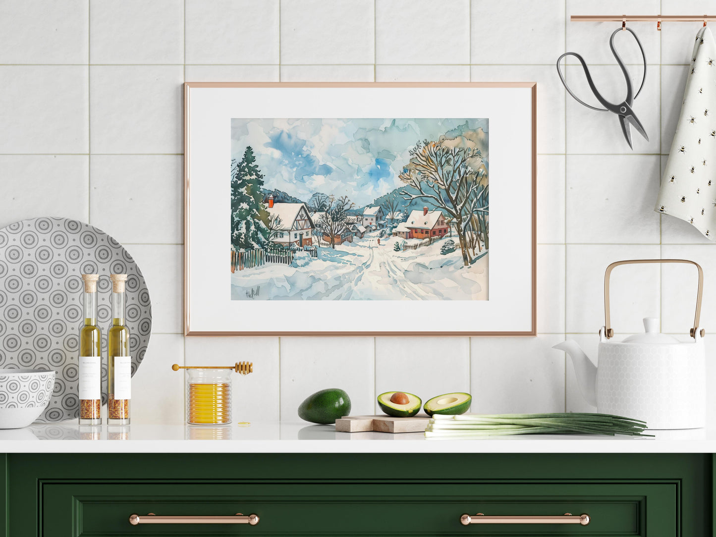 Winterliches Dorfidyll- watercolor, tranquility, landscape, welcoming, peace