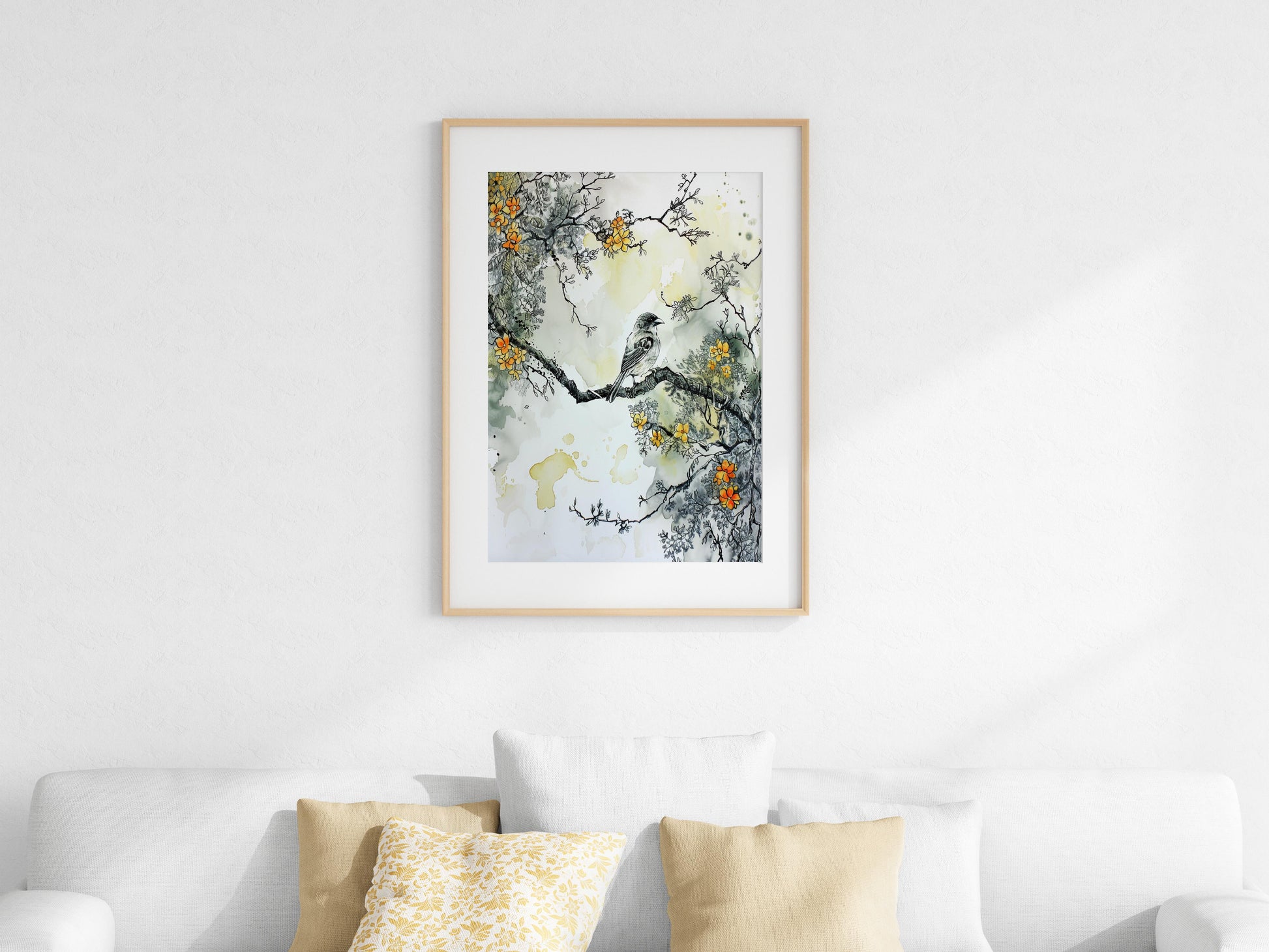 Frühlingsmelodie- Japanese art, bird, art print, living room art, ink drawing