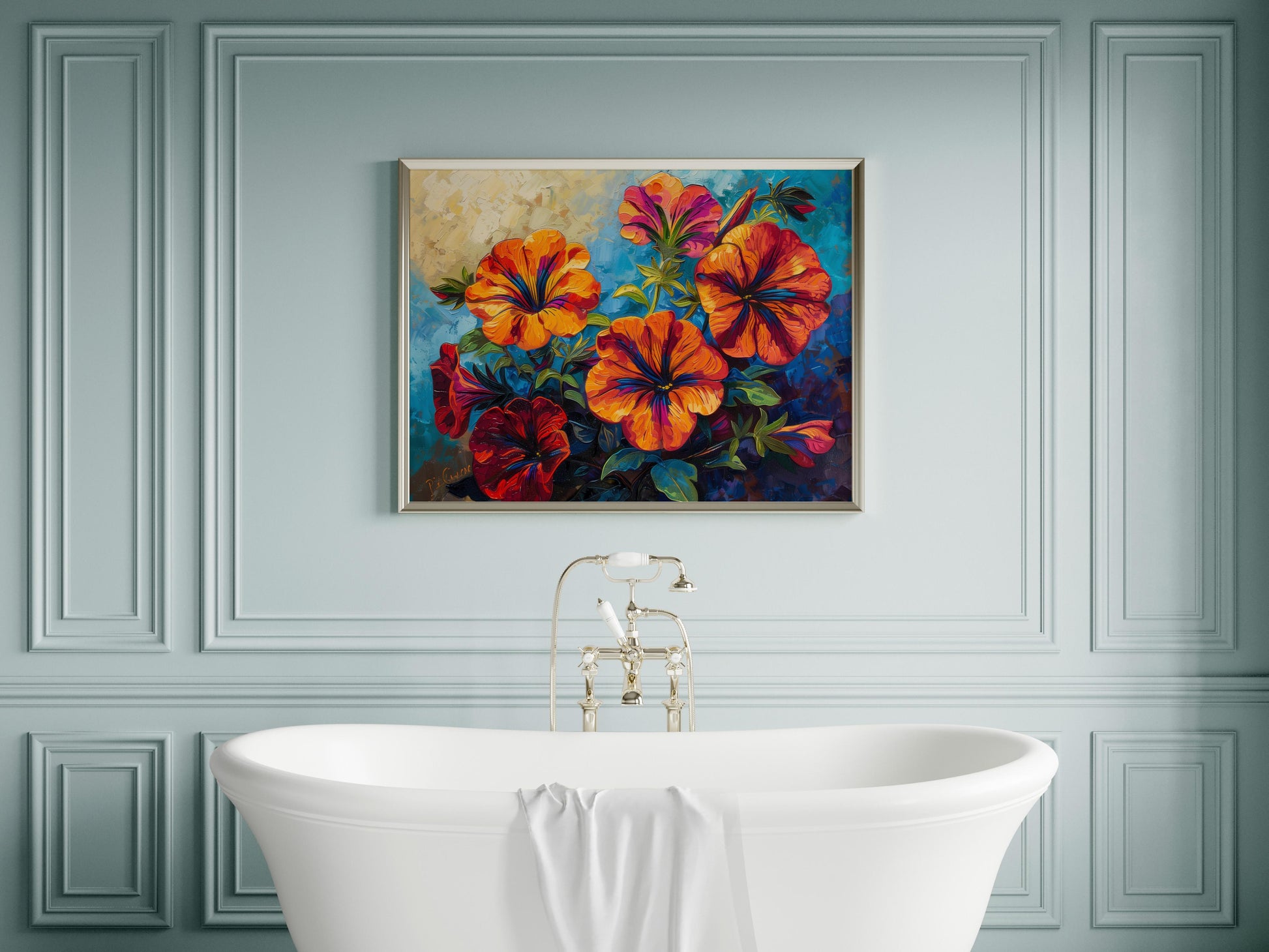 Floral Symphony in Blue- Post-Impressionism, Vibrant Colors, Artistic Flowers, Flowers, Expressionistic Art