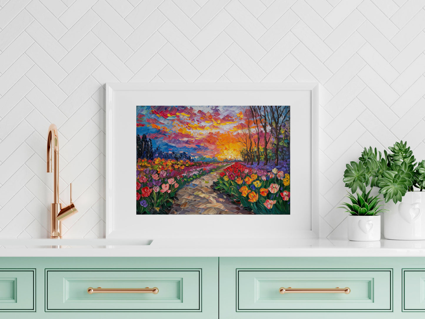 Frühlingspracht in Keukenhof- colorful flowers, tulips, oil painting, sunset, Netherlands