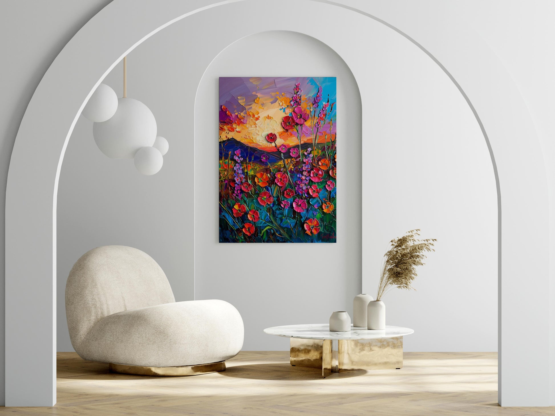 Florale Symphonie bei Sonnenuntergang- expressive Pinselstriche, amerikanische Kunst, Post-Impressionismus, Naturgemälde, emotionale Landschaftsmalerei