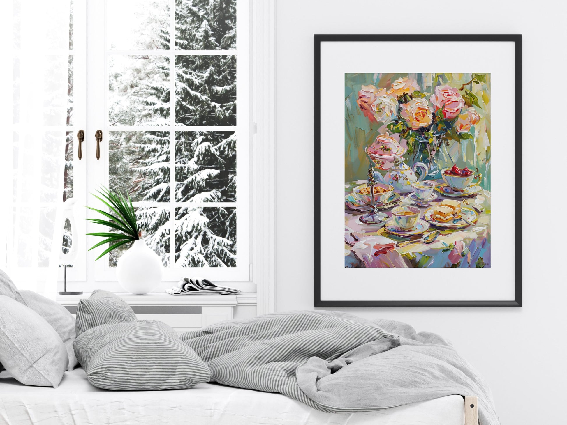 Teatime Treats von Alessia Moretti- roses, Porcelain, Texture, dynamic brushstrokes, wall decoration