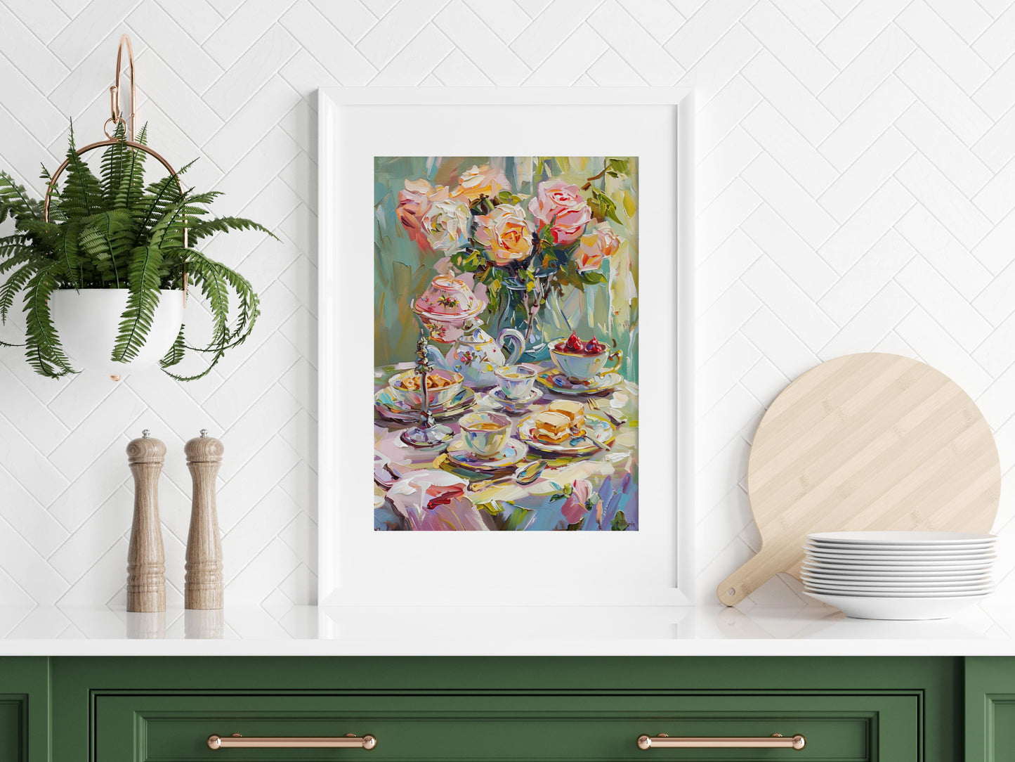 Teatime Treats von Alessia Moretti- gift idea, wall decoration, Play of light, everyday moment, dynamic brushstrokes