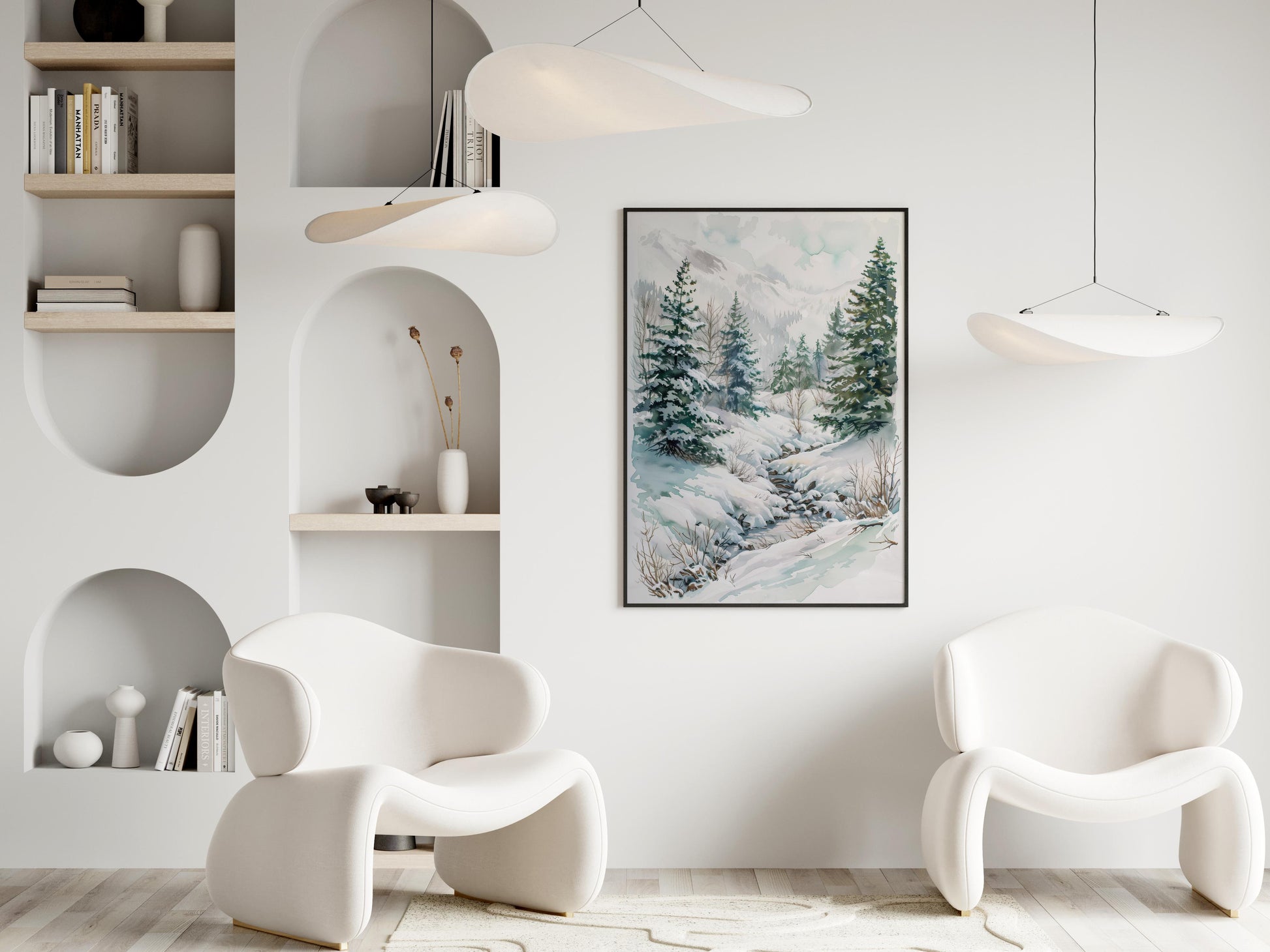 Winterliche Stille in den Alpen- watercolor, streams, snow, Alps, fir trees