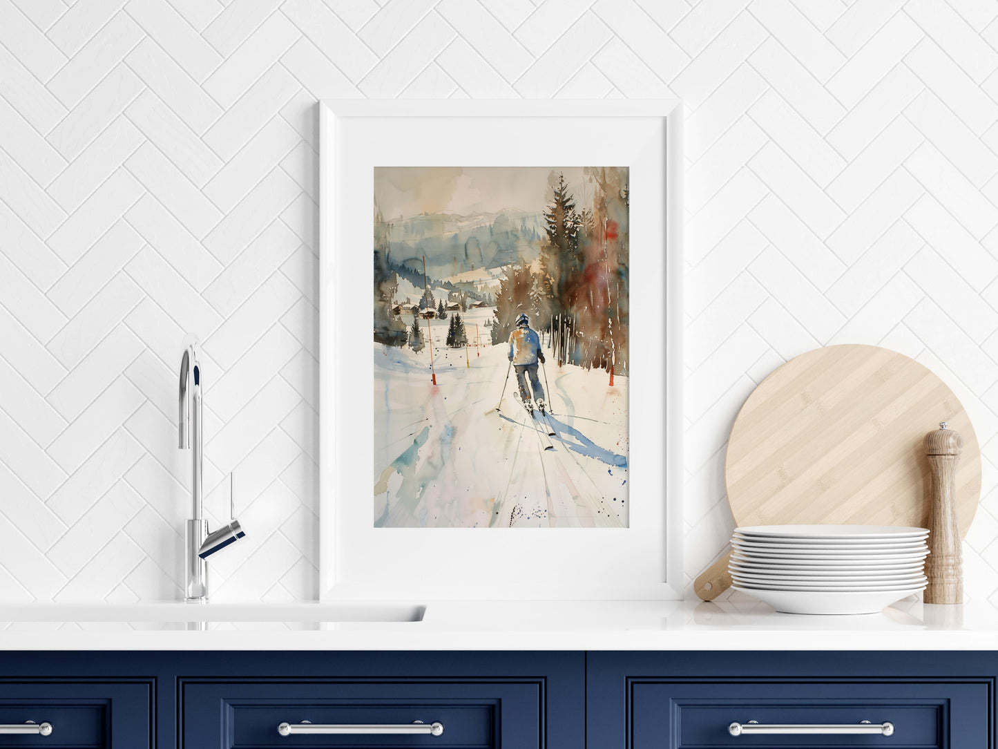 Wintersport in Kitzbühel- winter, watercolors, movement, Alps, modern art