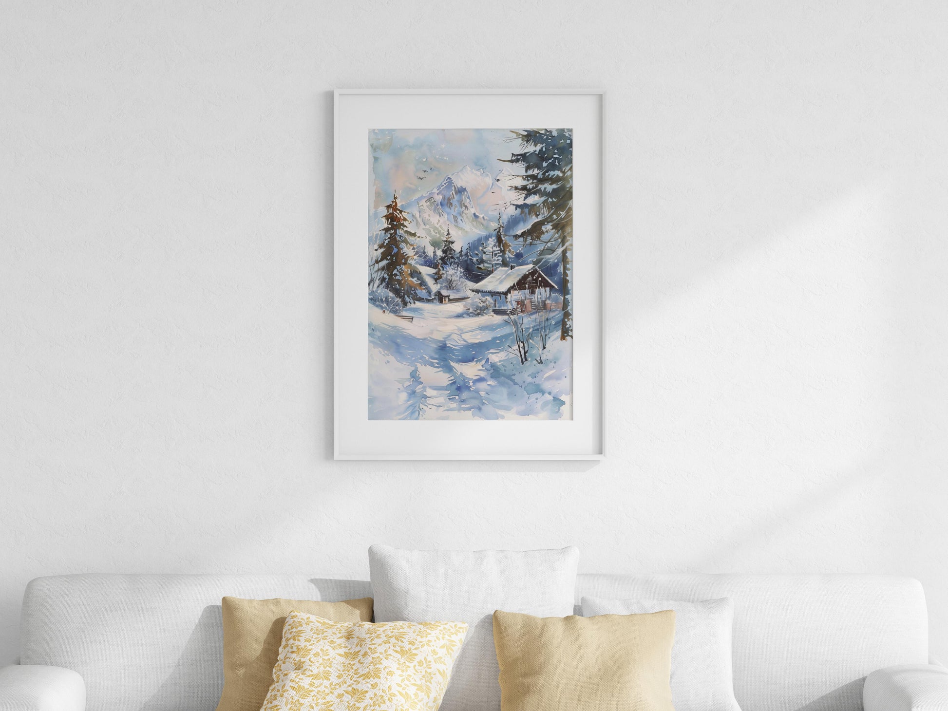 Alpine Winterpracht- fir trees, watercolor, art purchase, winter path, landscape art