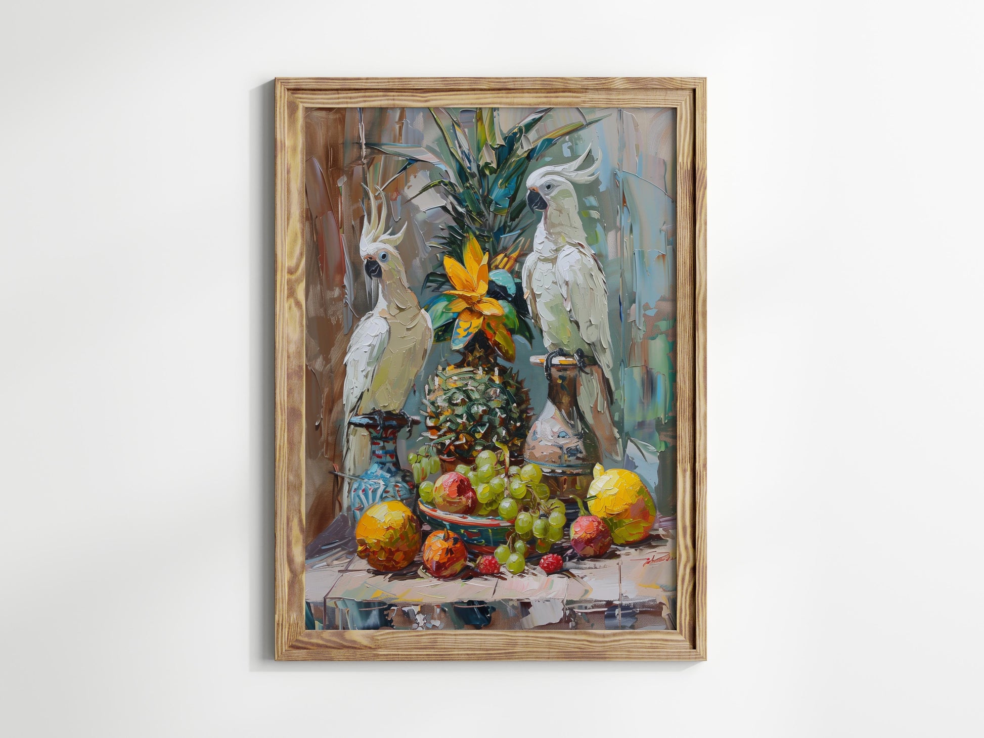 Vibrant Still Life with Tropical Birds- Impressionism, Vibrant, Fruits, Classical Training, Cockatoos