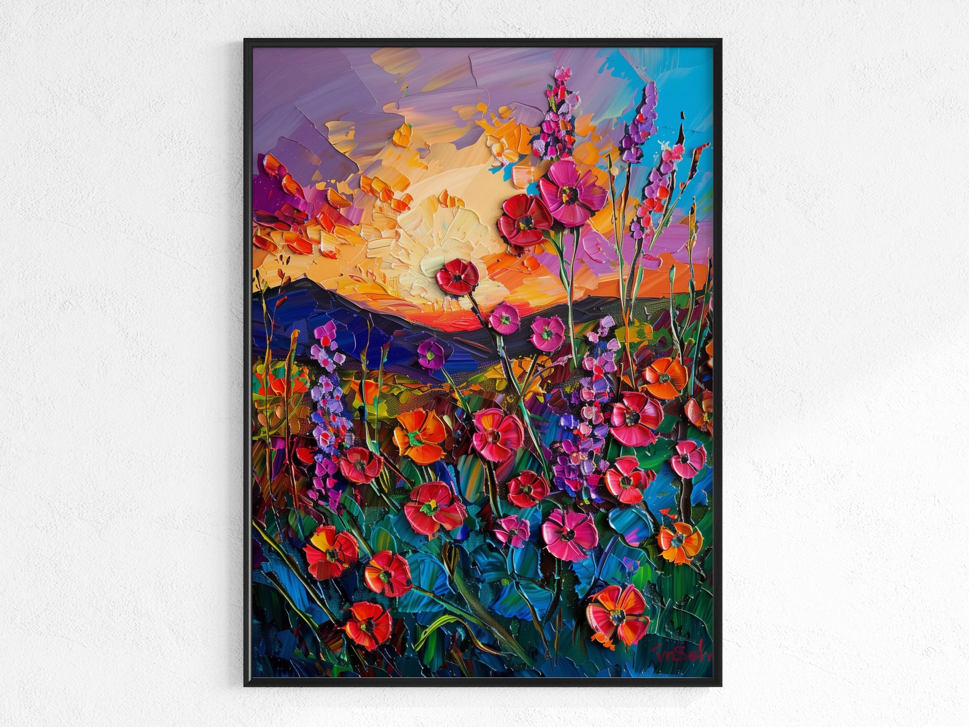 Florale Symphonie bei Sonnenuntergang- dynamische Landschaften, Emery Wharton, visuelle Pracht, Naturgemälde, emotionale Landschaftsmalerei