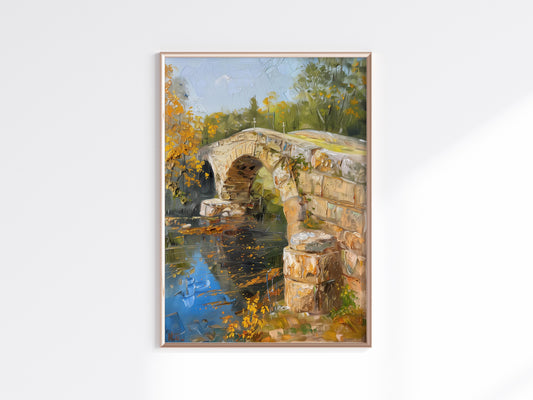 Autumnal Longing: The Stone Bridge by Lars Magnusson- Art Collection, Water Reflection, Historical Bridge, Ethereal Light, Swedish Landscape