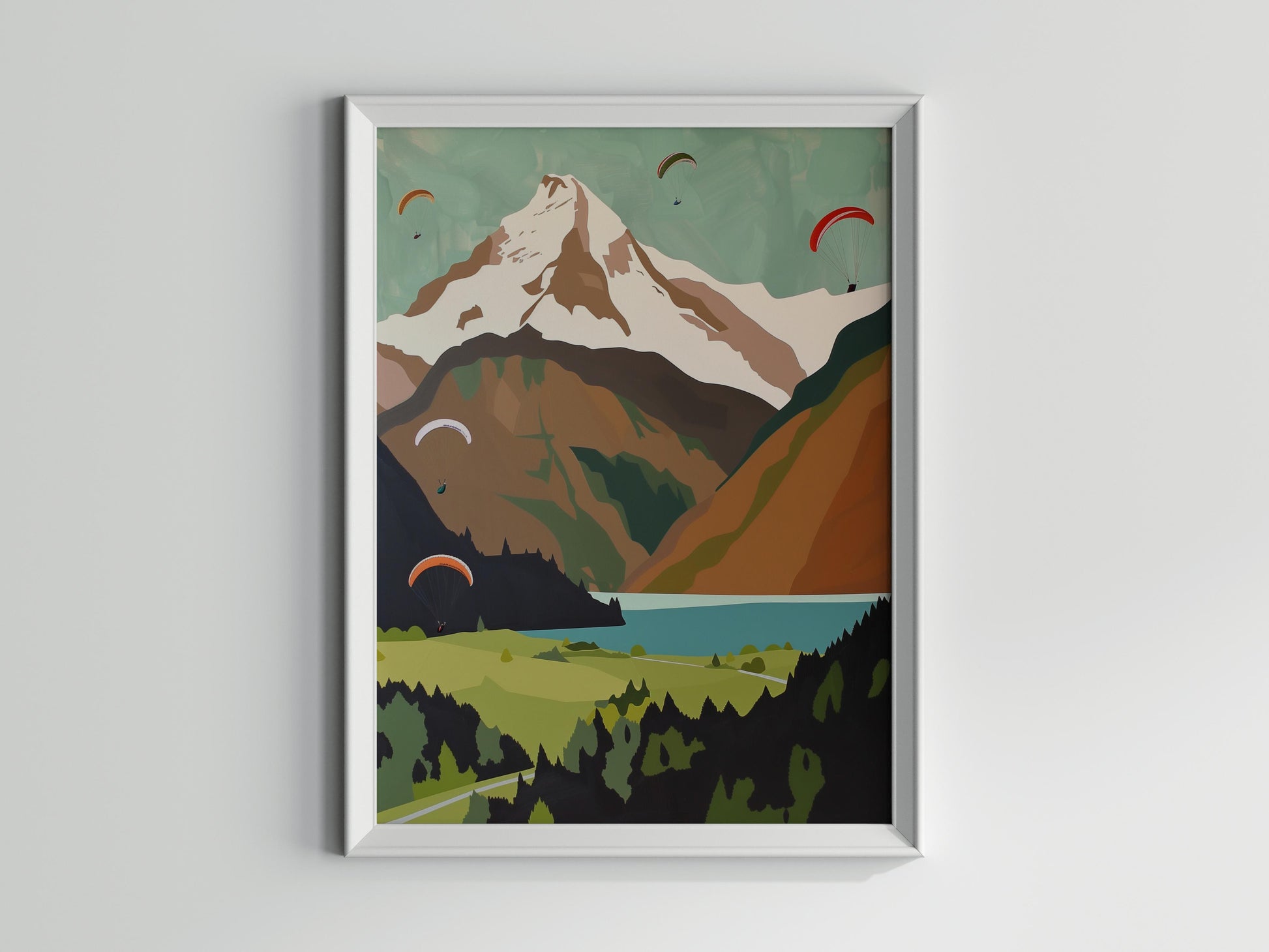 Harmony over Lake Brienz- Crystal Lake, Paraglider, geometric abstraction, Alps, Snow Mountain