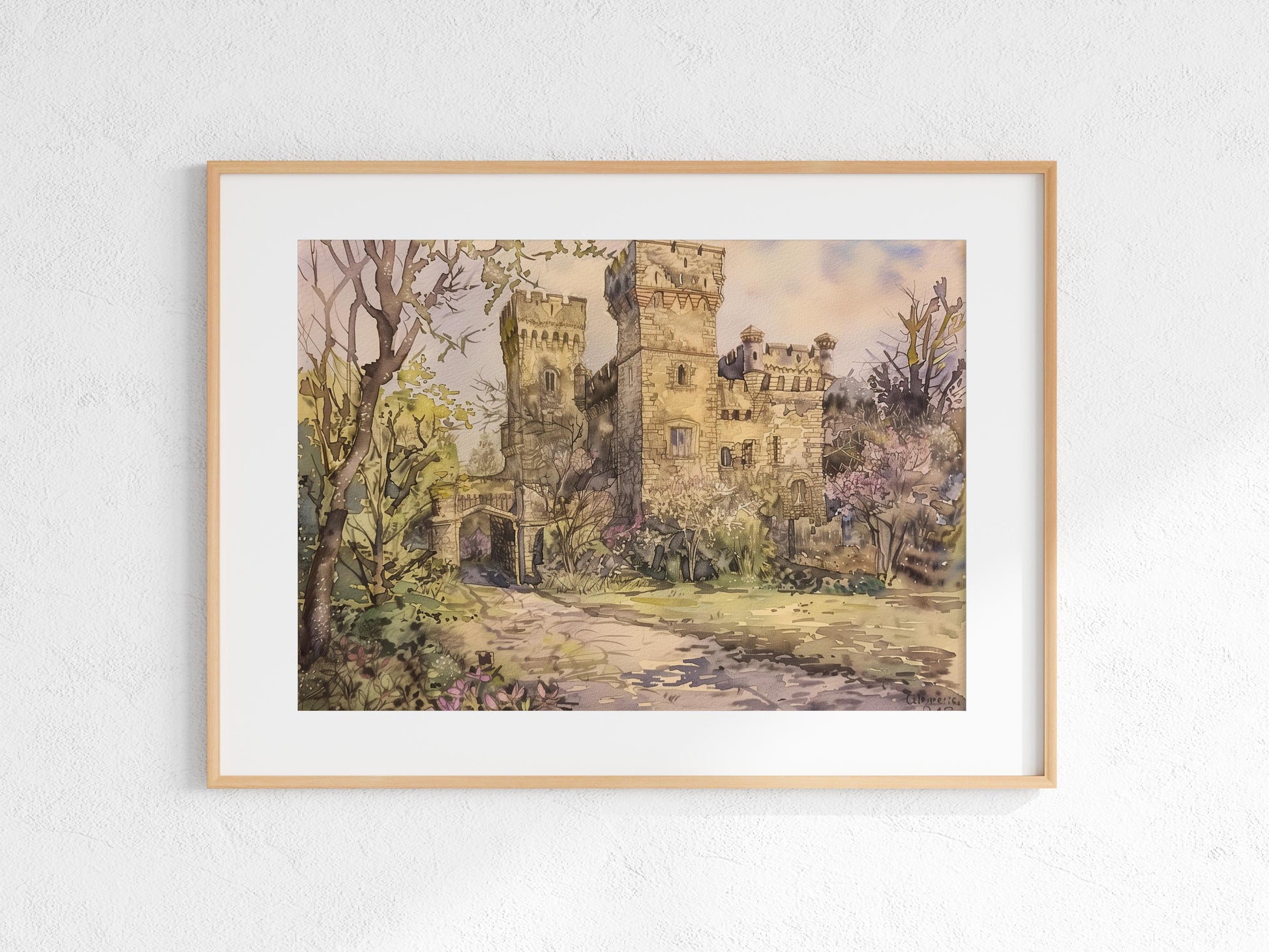 Mystical Morning Hours at the Old Castle- Akiro Tanaka, watercolor technique, nature depiction, sakura, mountainous landscapes